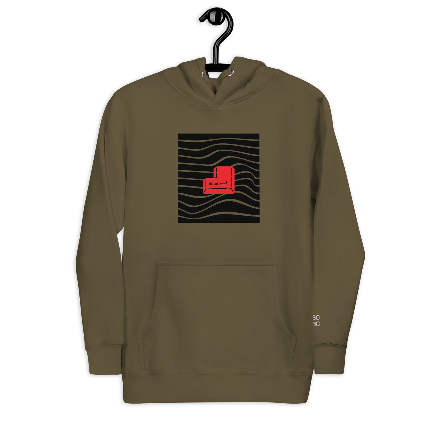 Olive unisex hoodie featuring a red &