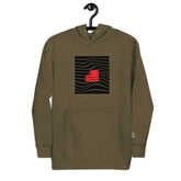 Olive unisex hoodie featuring a red &
