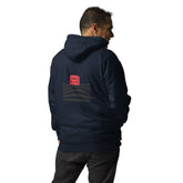 Male model wearing a navy blue hoodie with a red &