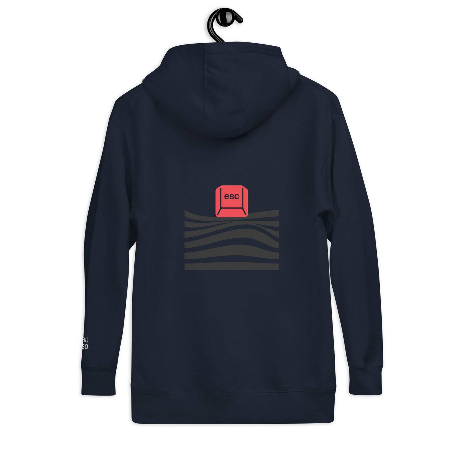 Back view of the navy blue hoodie featuring a red &