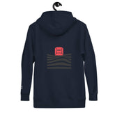 Back view of the navy blue hoodie featuring a red &