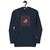 Navy blue unisex hoodie with a striking red &