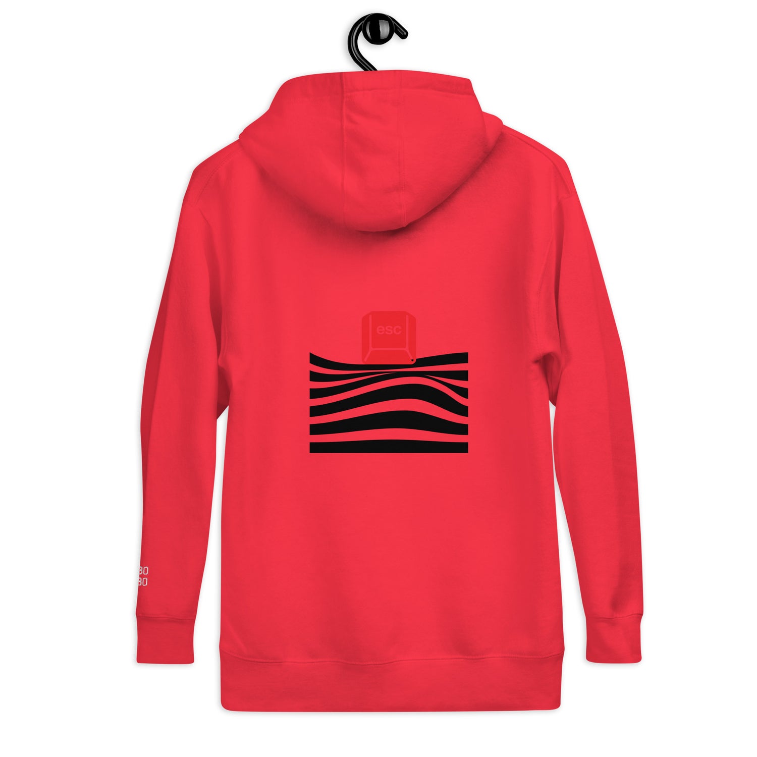 Back view of the red hoodie with a red &