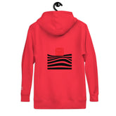 Back view of the red hoodie with a red &