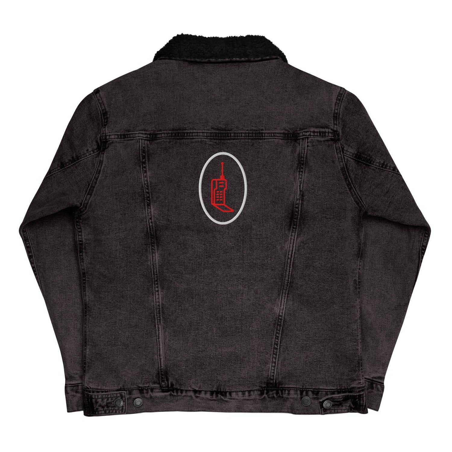 Back view of black denim sherpa jacket with embroidered red phone graphic. Sustainable design with durable stitching and classic fit.