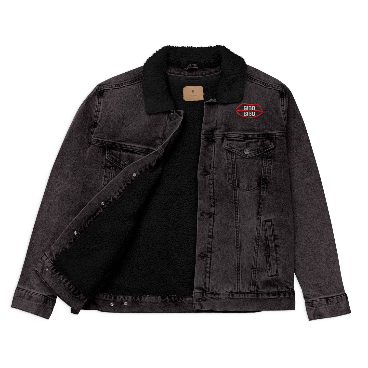 Black denim sherpa jacket with open front showing eco-friendly black wool lining. Features red chest logo and dual chest pockets.
