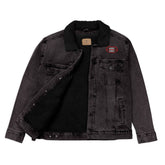 Black denim sherpa jacket with open front showing eco-friendly black wool lining. Features red chest logo and dual chest pockets.
