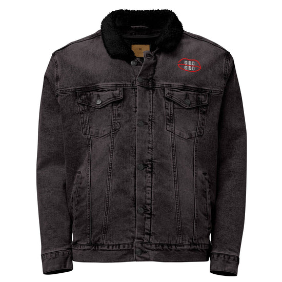 Black denim sherpa jacket with eco-friendly black wool lining, red chest logo, and dual chest pockets. Sustainable and stylish outerwear.