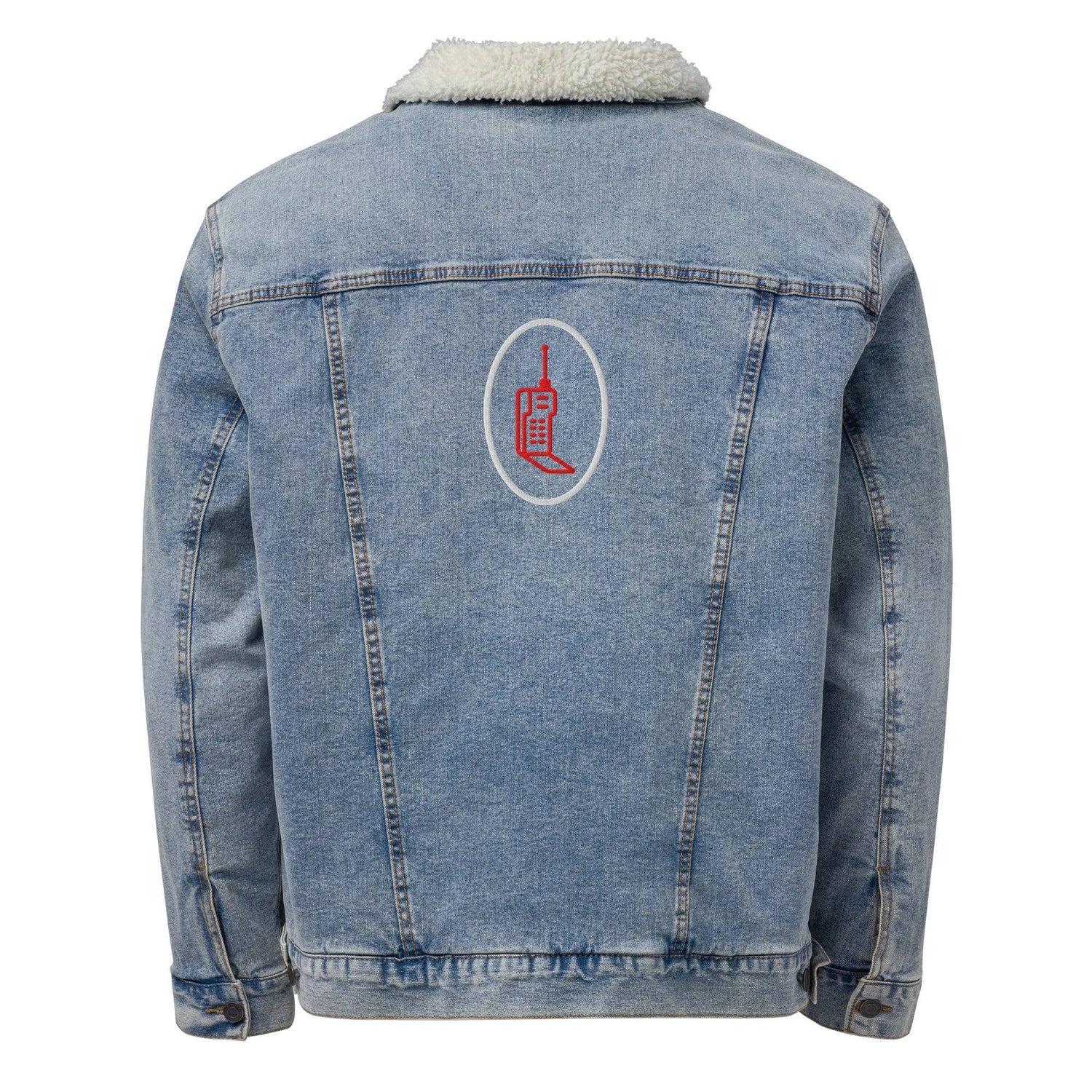 Back view of light blue denim sherpa jacket with embroidered red phone graphic. Sustainable design with durable stitching and classic fit.