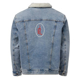 Back view of light blue denim sherpa jacket with embroidered red phone graphic. Sustainable design with durable stitching and classic fit.