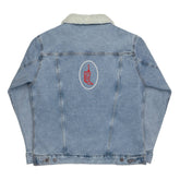 Flat lay of light blue denim sherpa jacket with embroidered red phone graphic on the back. Eco-friendly design with white wool lining.