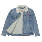 Light blue denim sherpa jacket with open front showing eco-friendly white wool lining. Features red chest logo and dual chest pockets.