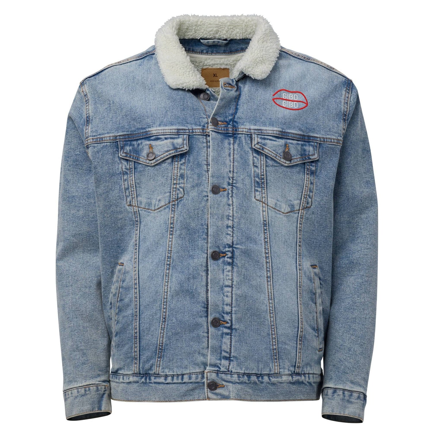 Light blue denim sherpa jacket with sustainable white wool lining, red chest logo, and dual chest pockets. Classic eco-friendly outerwear.