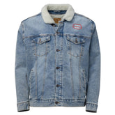 Light blue denim sherpa jacket with sustainable white wool lining, red chest logo, and dual chest pockets. Classic eco-friendly outerwear.
